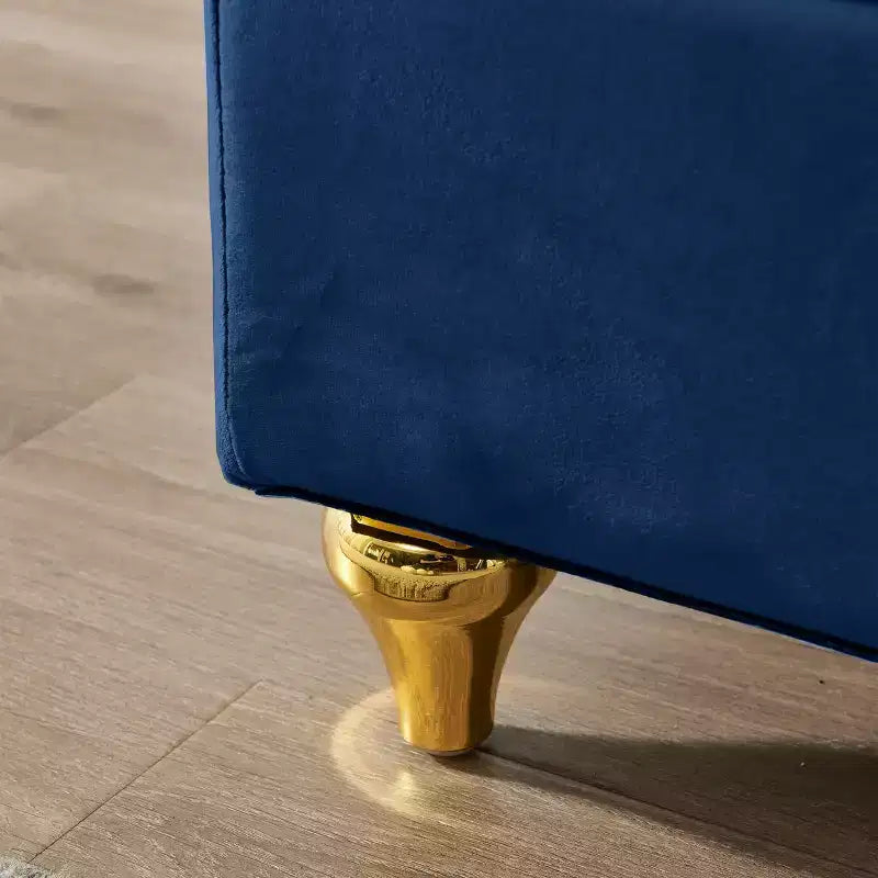 Canapé méridienne en velours avec pieds en métal doré et coussin rond pour salon bleu