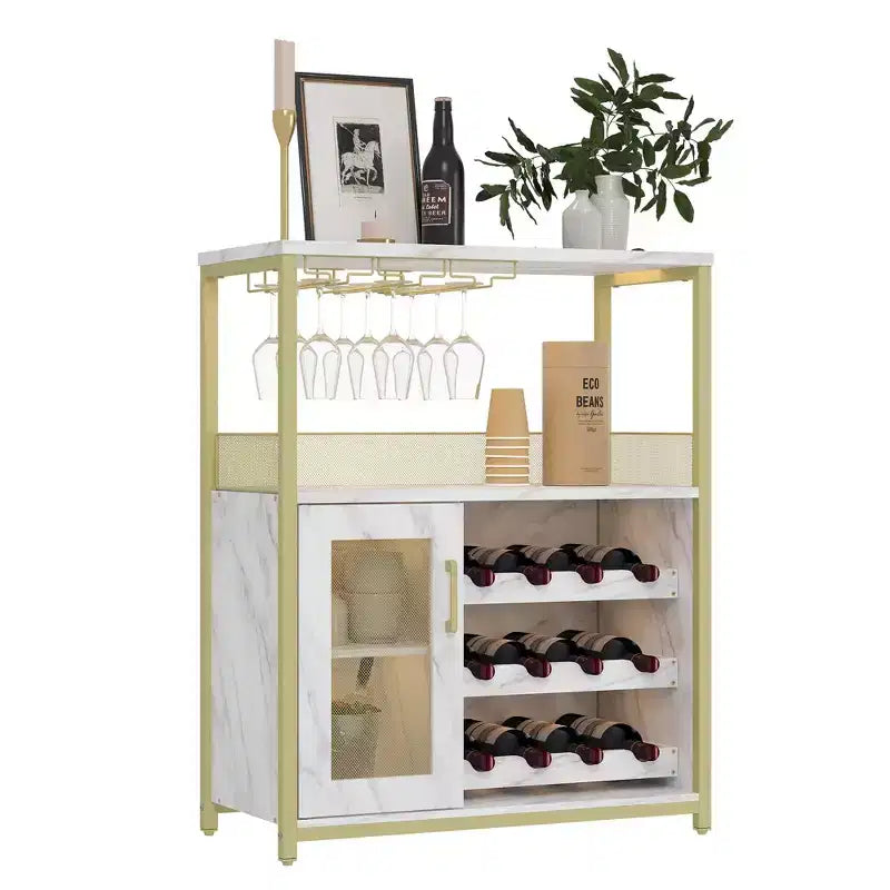 Gold Industrial Wine Bar Cabinet C 12-Bottle Storage with Removable Glass Holder C Sideboard for Living Room, Kitchen & Dining Room