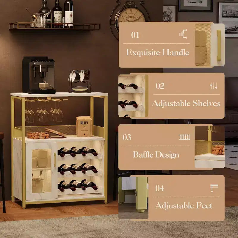 Buffet de bar à vin industriel doré avec rangement pour 12 bouteilles, support à verre amovible - Meuble d'appoint pour salon, cuisine et salle à manger