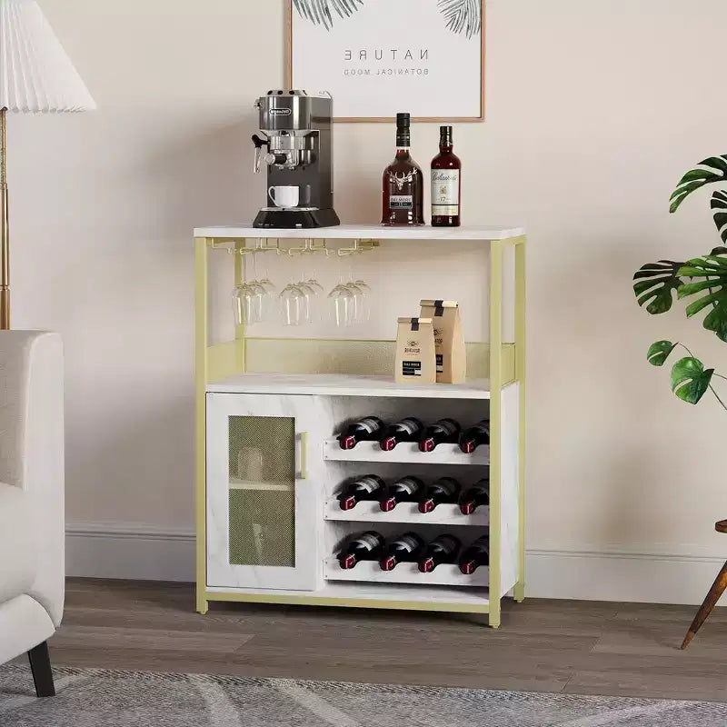 Buffet de bar à vin industriel doré avec rangement pour 12 bouteilles, support à verre amovible - Meuble d'appoint pour salon, cuisine et salle à manger