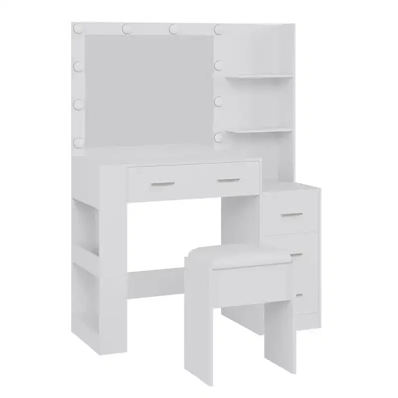 Coiffeuse avec miroir et tabouret, prise de courant, support pour sèche-cheveux, coiffeuse éclairée avec 10 ampoules, 5 tiroirs, table de maquillage pour chambre à coucher