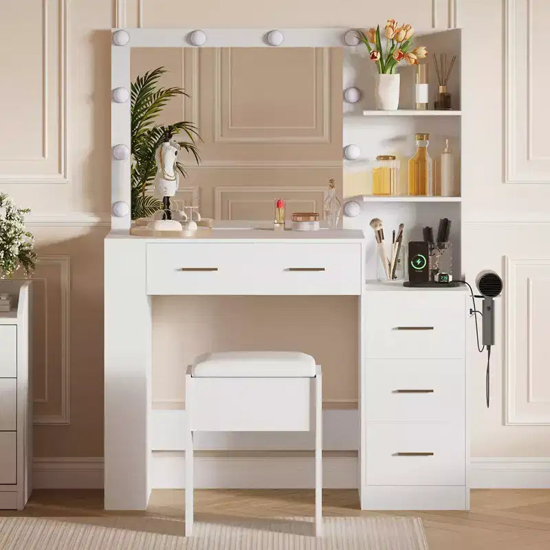 Coiffeuse avec miroir et tabouret, prise de courant, support pour sèche-cheveux, coiffeuse éclairée avec 10 ampoules, 5 tiroirs, table de maquillage pour chambre à coucher