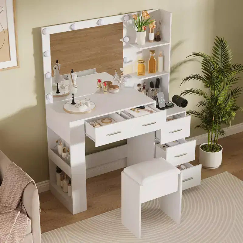 Coiffeuse avec miroir et tabouret, prise de courant, support pour sèche-cheveux, coiffeuse éclairée avec 10 ampoules, 5 tiroirs, table de maquillage pour chambre à coucher