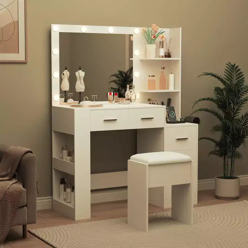 Coiffeuse avec miroir et tabouret, prise de courant, support pour sèche-cheveux, coiffeuse éclairée avec 10 ampoules, 5 tiroirs, table de maquillage pour chambre à coucher