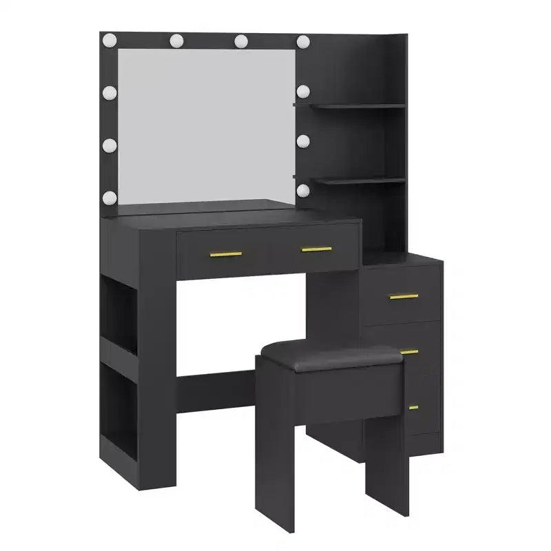 Coiffeuse avec miroir et tabouret, prise de courant, support pour sèche-cheveux, coiffeuse éclairée avec 10 ampoules, 5 tiroirs, table de maquillage pour chambre à coucher