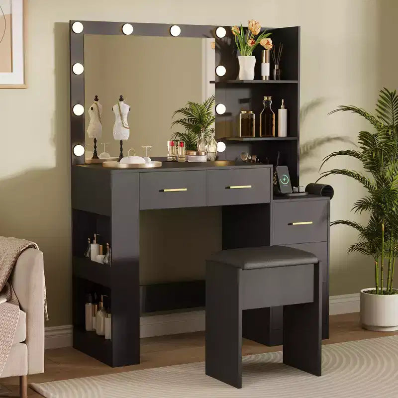 Coiffeuse avec miroir et tabouret, prise de courant, support pour sèche-cheveux, coiffeuse éclairée avec 10 ampoules, 5 tiroirs, table de maquillage pour chambre à coucher
