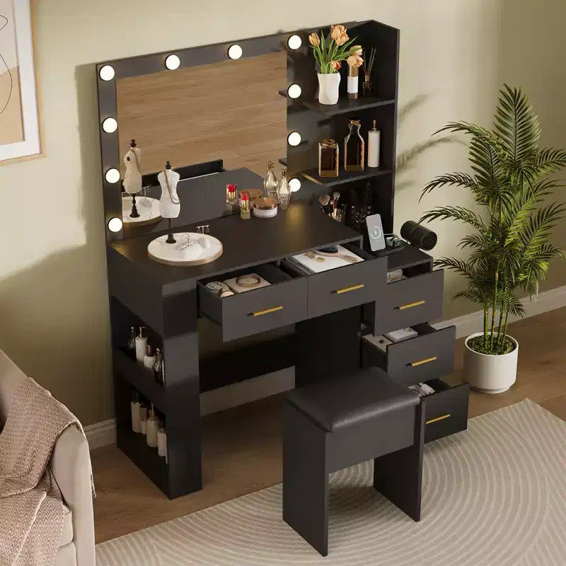 Coiffeuse avec miroir et tabouret, prise de courant, support pour sèche-cheveux, coiffeuse éclairée avec 10 ampoules, 5 tiroirs, table de maquillage pour chambre à coucher