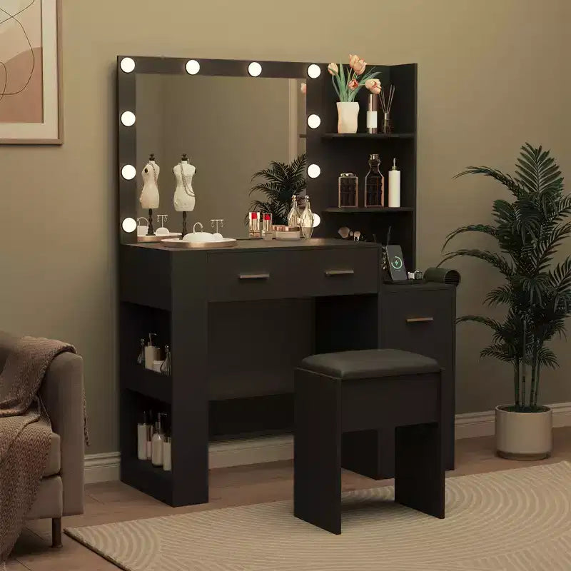 Coiffeuse avec miroir et tabouret, prise de courant, support pour sèche-cheveux, coiffeuse éclairée avec 10 ampoules, 5 tiroirs, table de maquillage pour chambre à coucher