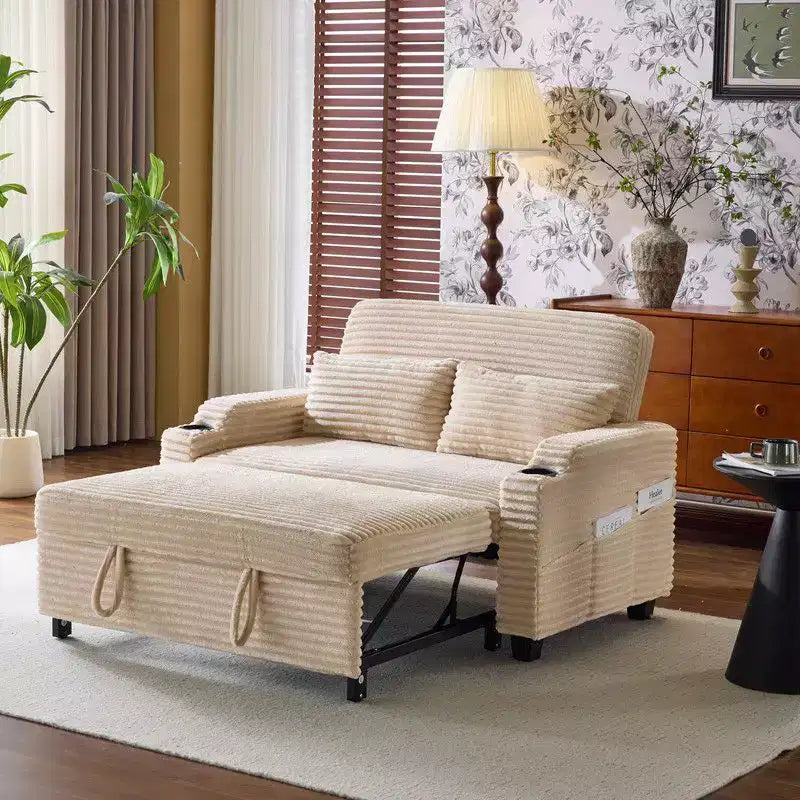 Upholstered Corduroy Convertible Reclining Sleeper Sofa Bed With Cushions For Small Spaces