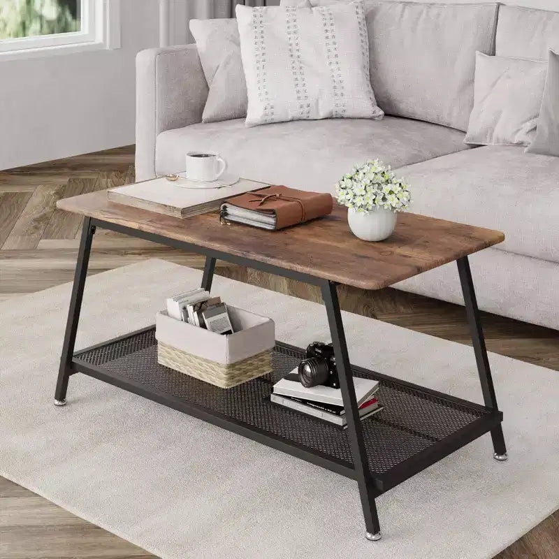 Coffee Table Farmhouse Center Table 2-Tier Industrial Living Room with Mesh Shelf Rectangle Wood Cocktail Table Metal Frame, Rustic Brown