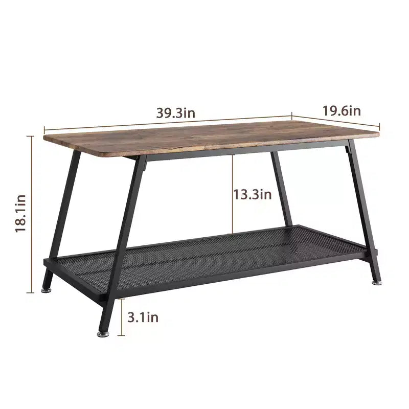 Table basse de salon de style rustique à 2 niveaux avec étagère grillagée, table basse rectangulaire en bois avec cadre en métal, marron rustique