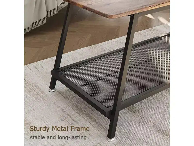 Table basse de salon de style rustique à 2 niveaux avec étagère grillagée, table basse rectangulaire en bois avec cadre en métal, marron rustique