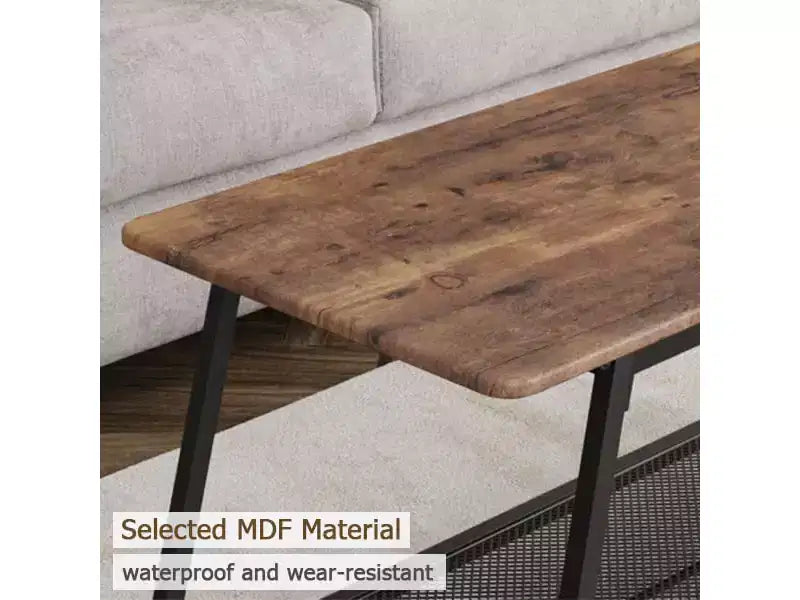 Table basse de salon de style rustique à 2 niveaux avec étagère grillagée, table basse rectangulaire en bois avec cadre en métal, marron rustique
