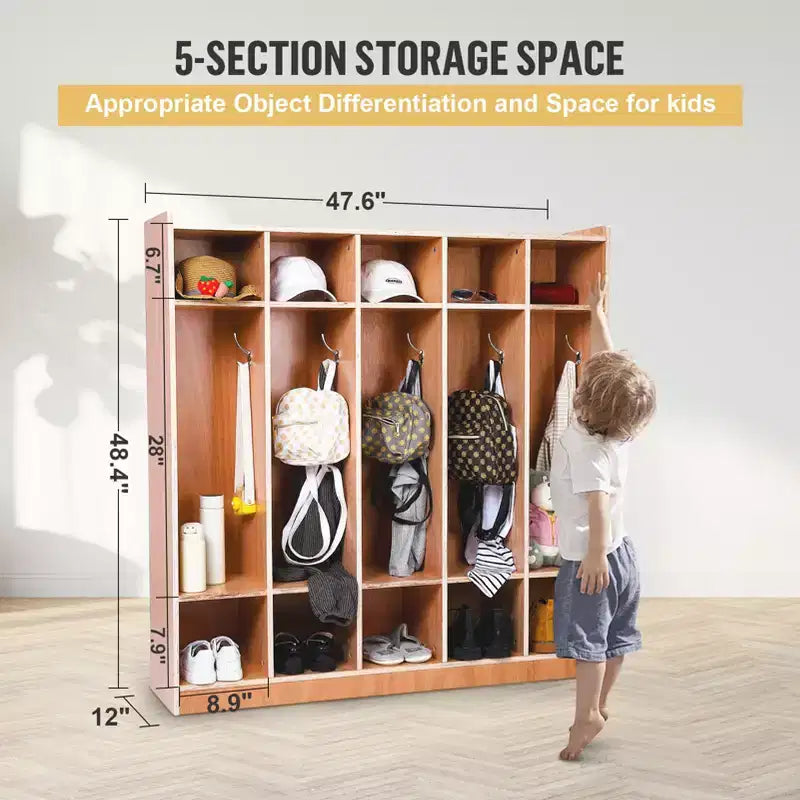 Casier de rangement scolaire à 5 sections pour enfants, casier de classe en bois à 3 niveaux avec 10 compartiments et 5 crochets, casier mobile de garderie avec 4 roulettes