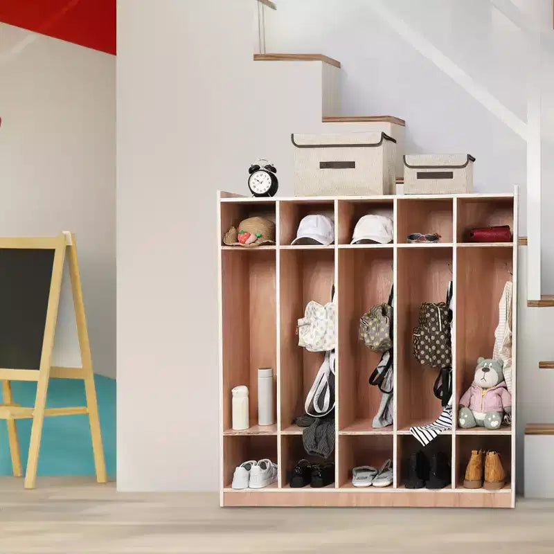 Casier de rangement scolaire à 5 sections pour enfants, casier de classe en bois à 3 niveaux avec 10 compartiments et 5 crochets, casier mobile de garderie avec 4 roulettes