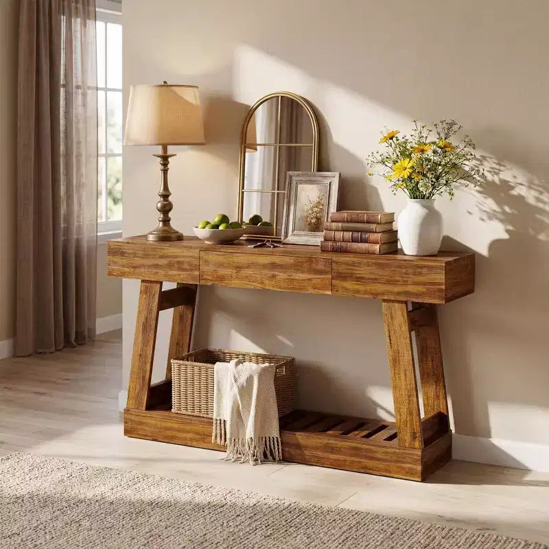 60 Narrow Console Table w/ Drawer & 2-Tier Slatted Shelf, Rustic Woodgrain Entryway Sofa Table, Sturdy Slim Storage for Hallway & Living Room