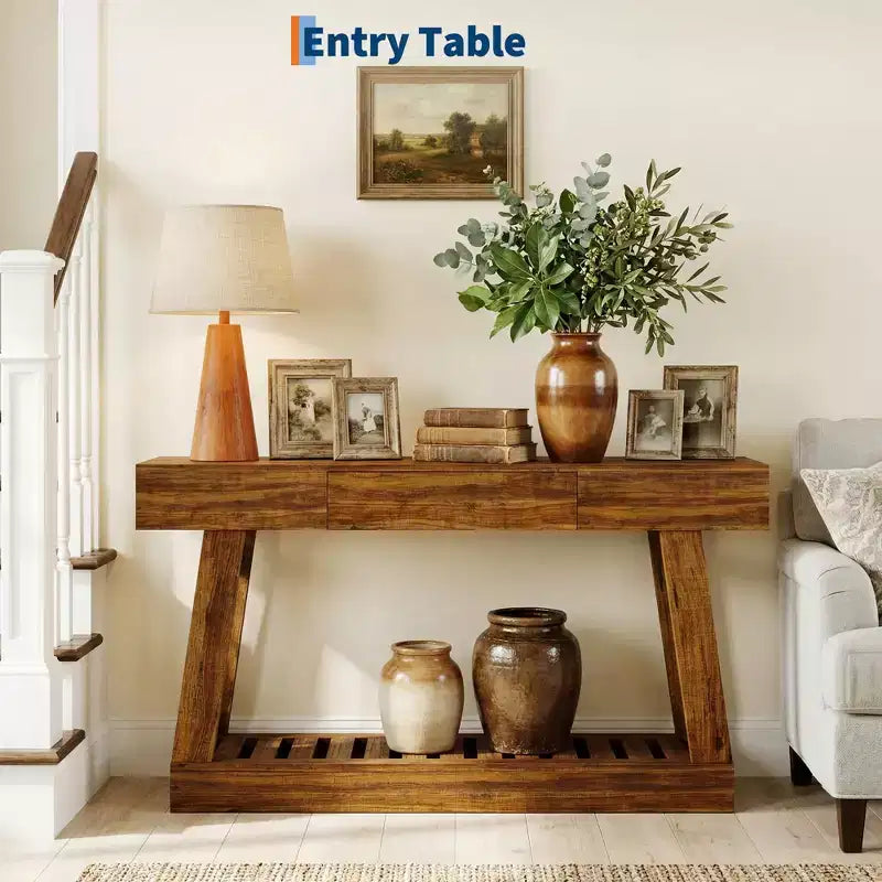 Console étroite de 60" avec tiroir et étagère à lattes à 2 niveaux, table d'entrée rustique en grain de bois, rangement mince et robuste pour couloir et salon