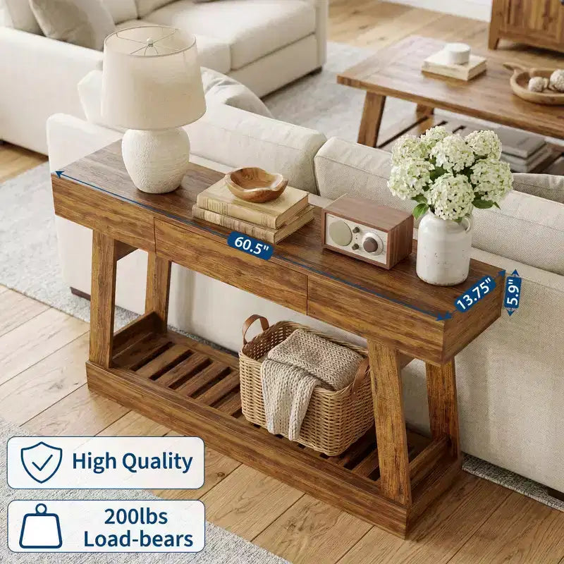 Console étroite de 60" avec tiroir et étagère à lattes à 2 niveaux, table d'entrée rustique en grain de bois, rangement mince et robuste pour couloir et salon