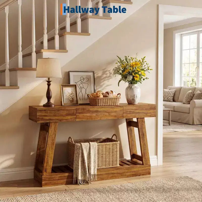 Console étroite de 60" avec tiroir et étagère à lattes à 2 niveaux, table d'entrée rustique en grain de bois, rangement mince et robuste pour couloir et salon