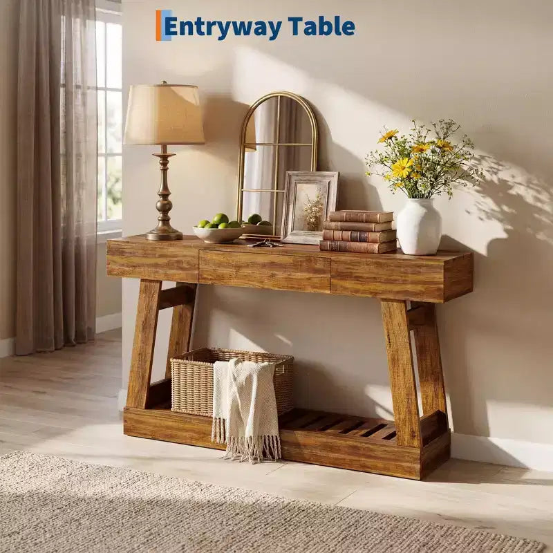 Console étroite de 60" avec tiroir et étagère à lattes à 2 niveaux, table d'entrée rustique en grain de bois, rangement mince et robuste pour couloir et salon
