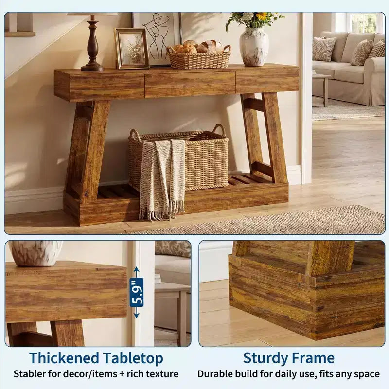 Console étroite de 60" avec tiroir et étagère à lattes à 2 niveaux, table d'entrée rustique en grain de bois, rangement mince et robuste pour couloir et salon