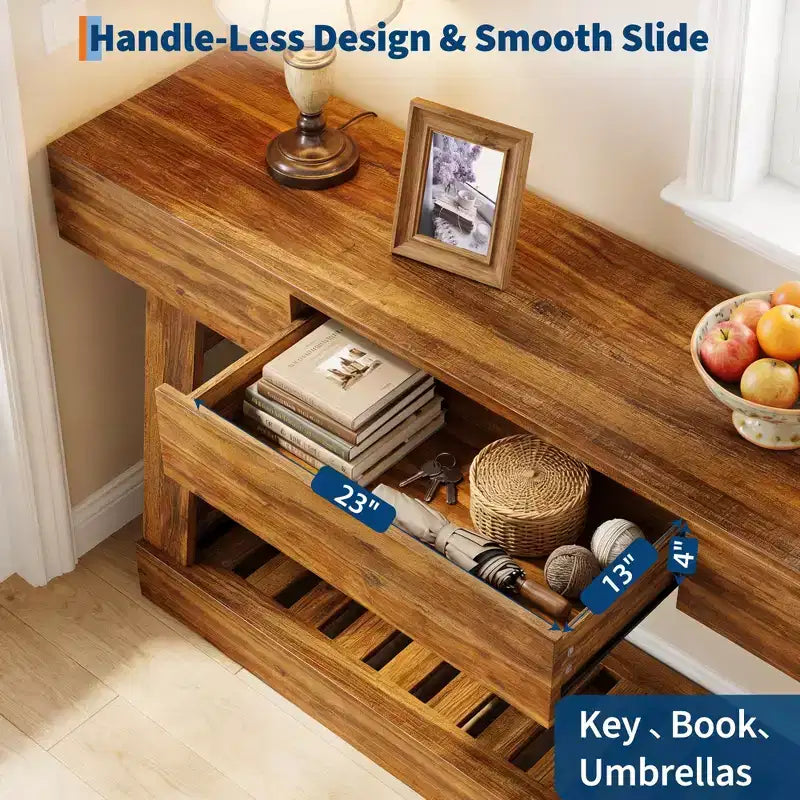 Console étroite de 60" avec tiroir et étagère à lattes à 2 niveaux, table d'entrée rustique en grain de bois, rangement mince et robuste pour couloir et salon