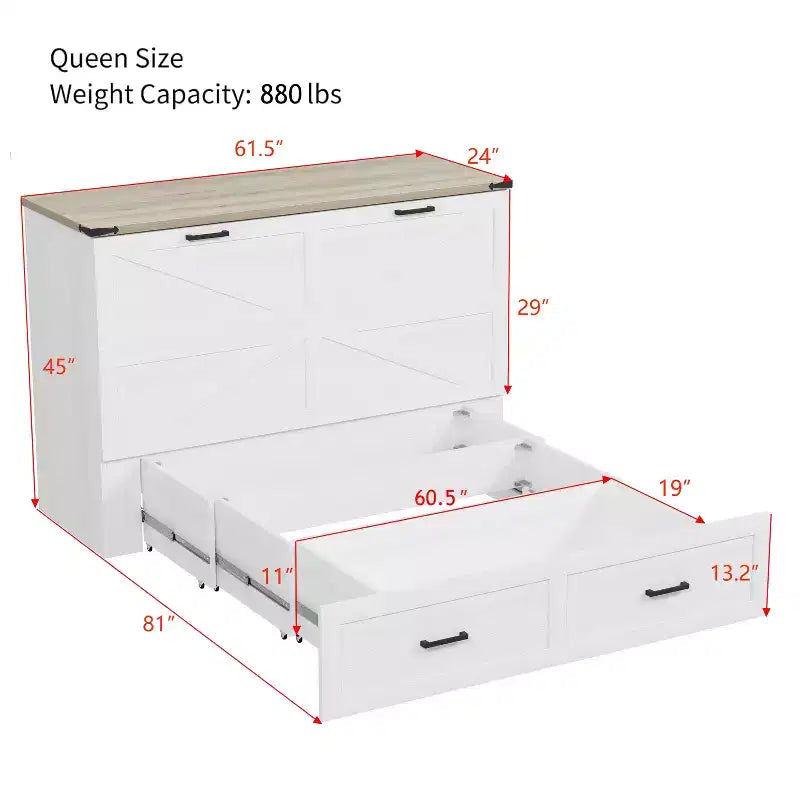 Lit escamotable Size Wood Murphy avec station de charge et tiroirs de rangement
