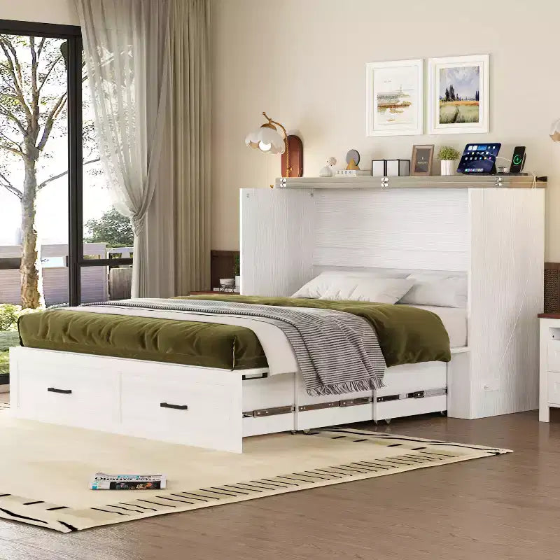 Lit escamotable Size Wood Murphy avec station de charge et tiroirs de rangement