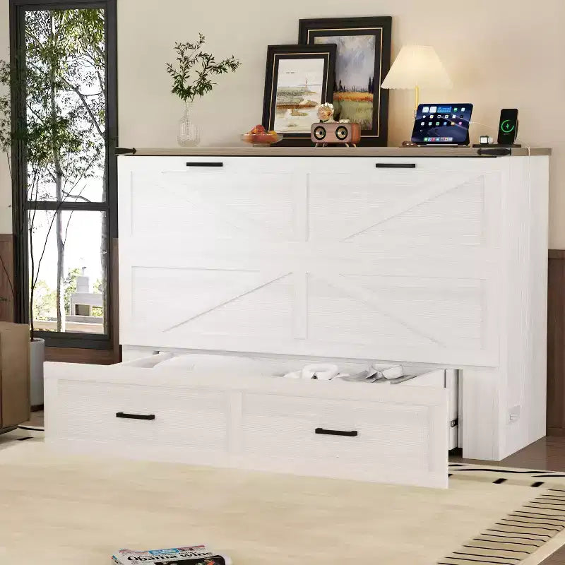 Lit escamotable Size Wood Murphy avec station de charge et tiroirs de rangement