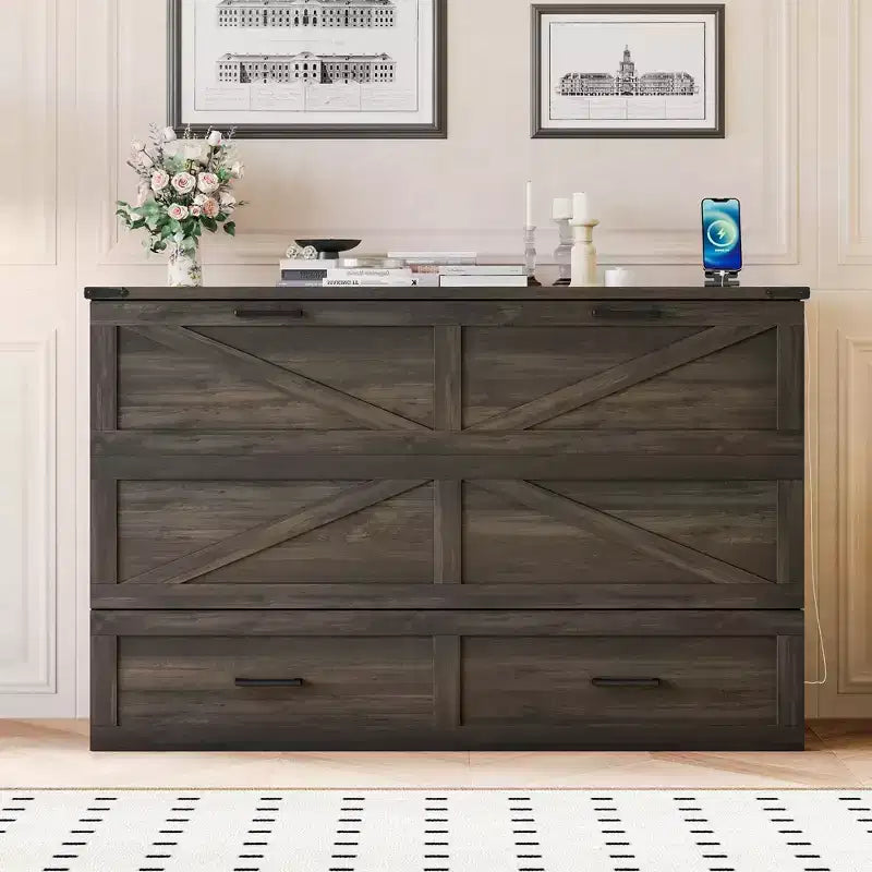 Lit escamotable Size Wood Murphy avec station de charge et tiroirs de rangement