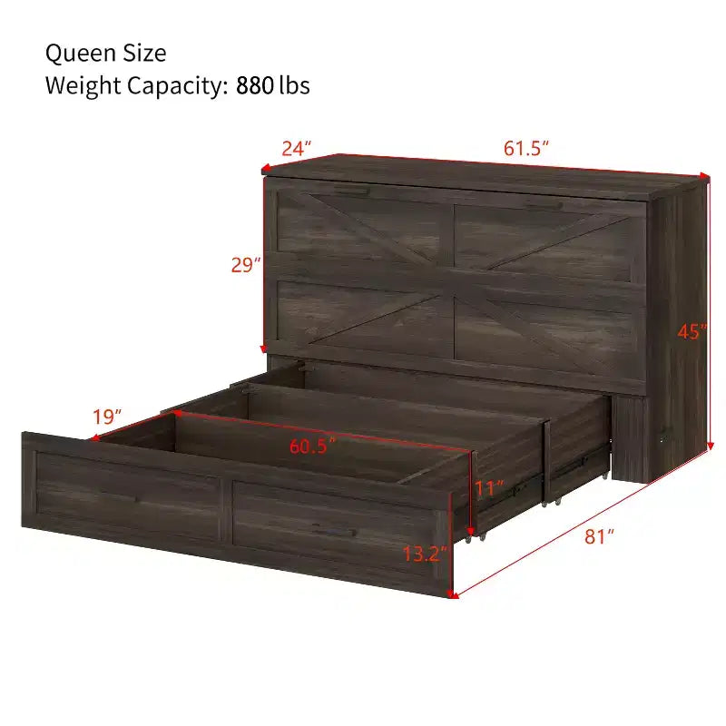 Lit escamotable Size Wood Murphy avec station de charge et tiroirs de rangement