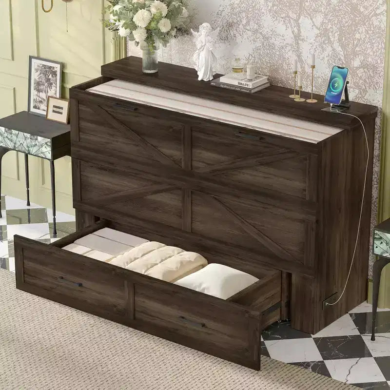Lit escamotable Size Wood Murphy avec station de charge et tiroirs de rangement