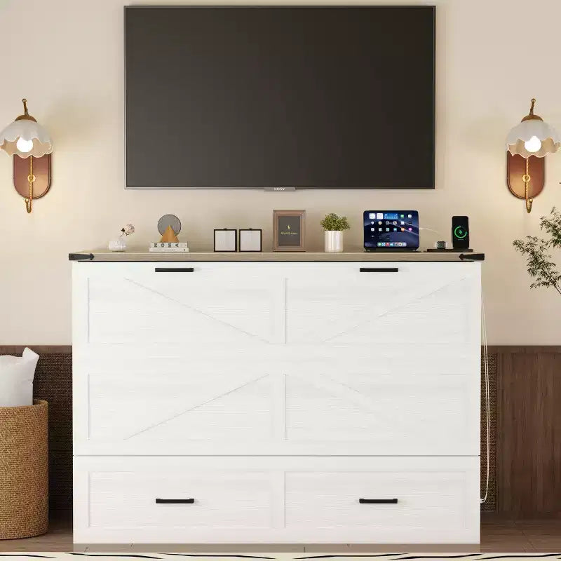 Lit escamotable Size Wood Murphy avec station de charge et tiroirs de rangement