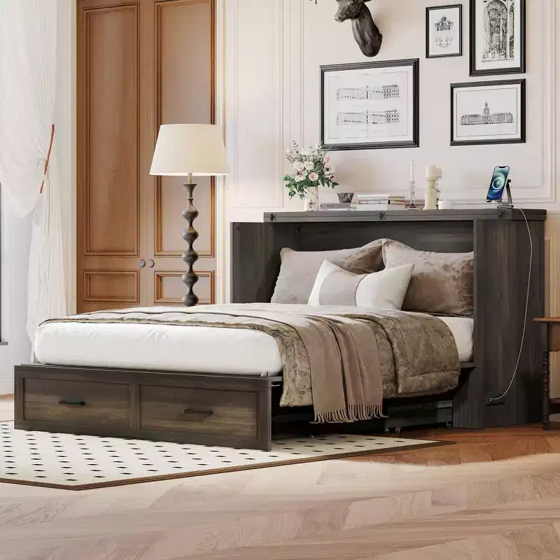 GDFStudio Hartwick Queen Size Wood Murphy Cabinet Bed with Charging Station and Storage Drawers