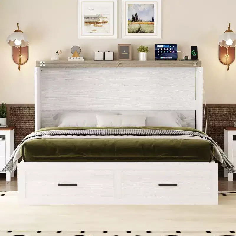 Lit escamotable Size Wood Murphy avec station de charge et tiroirs de rangement