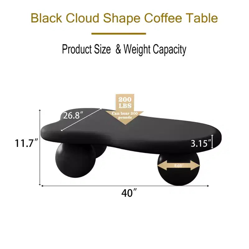Table basse nuage de 40 pouces avec pieds sphériques, table basse centrale irrégulière et moderne pour salon, noire