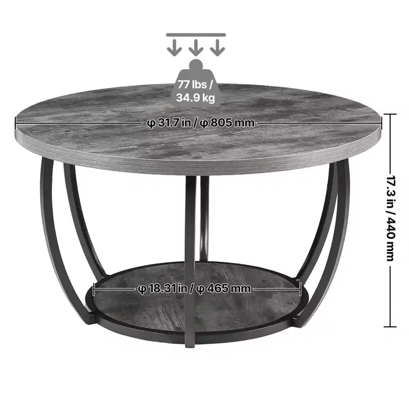 Table basse, Table basse ronde moderne, Table basse centrale circulaire en bois à 2 niveaux avec rangement ouvert, Métal robuste minimaliste