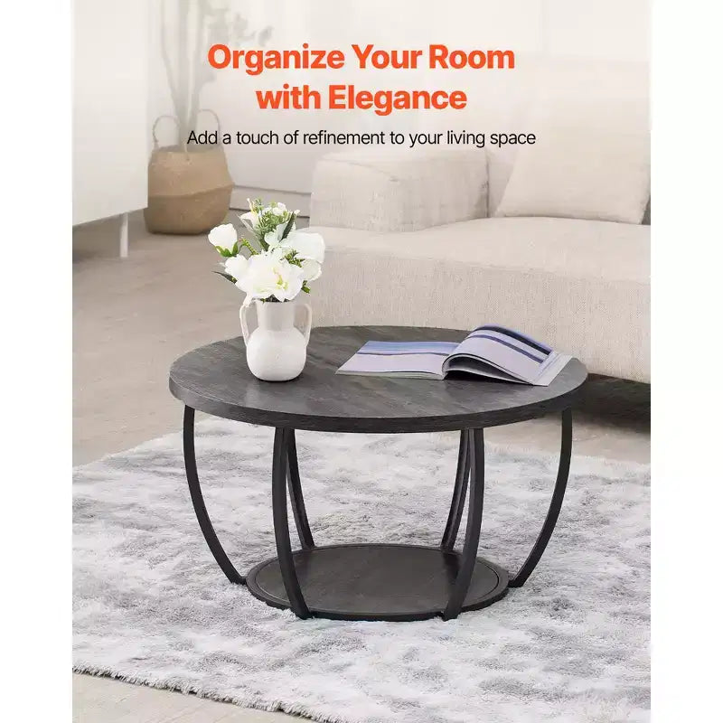 Table basse, Table basse ronde moderne, Table basse centrale circulaire en bois à 2 niveaux avec rangement ouvert, Métal robuste minimaliste