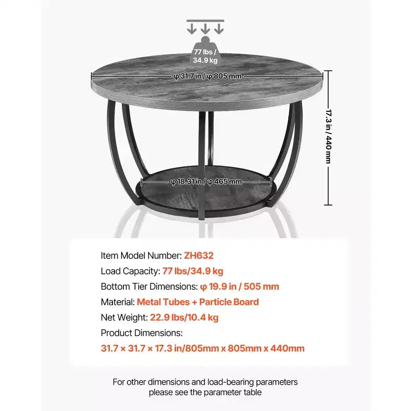 Table basse, Table basse ronde moderne, Table basse centrale circulaire en bois à 2 niveaux avec rangement ouvert, Métal robuste minimaliste