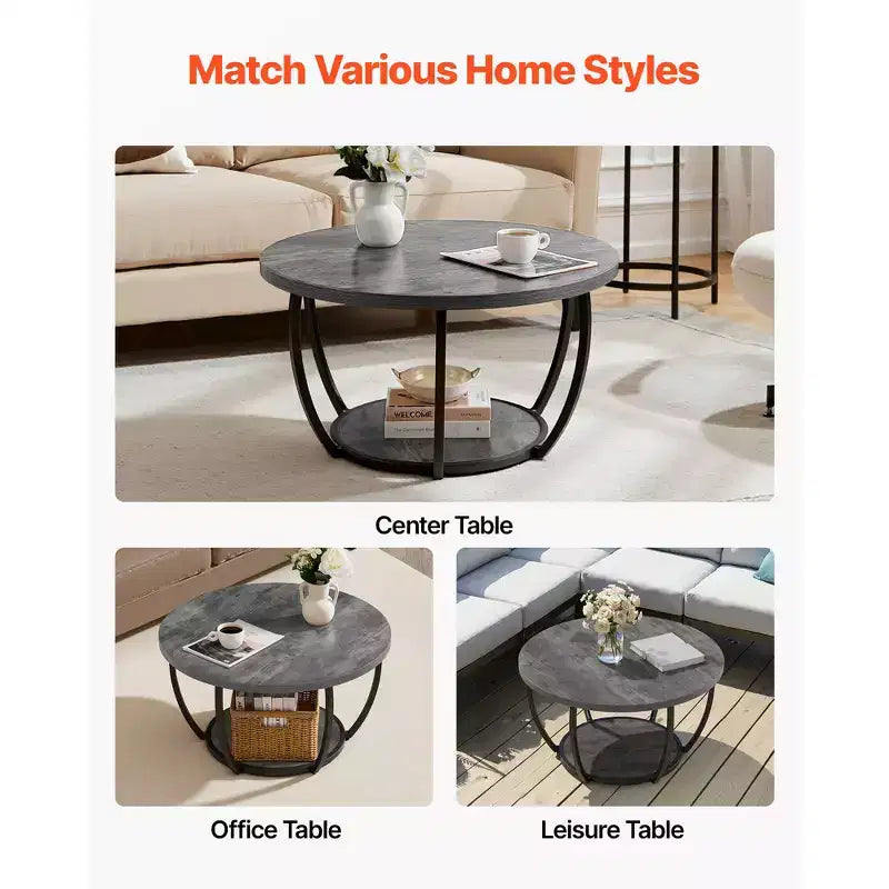Table basse, Table basse ronde moderne, Table basse centrale circulaire en bois à 2 niveaux avec rangement ouvert, Métal robuste minimaliste