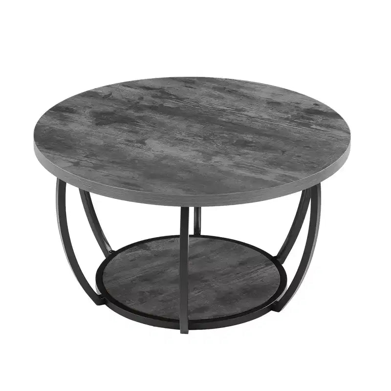 Table basse, Table basse ronde moderne, Table basse centrale circulaire en bois à 2 niveaux avec rangement ouvert, Métal robuste minimaliste