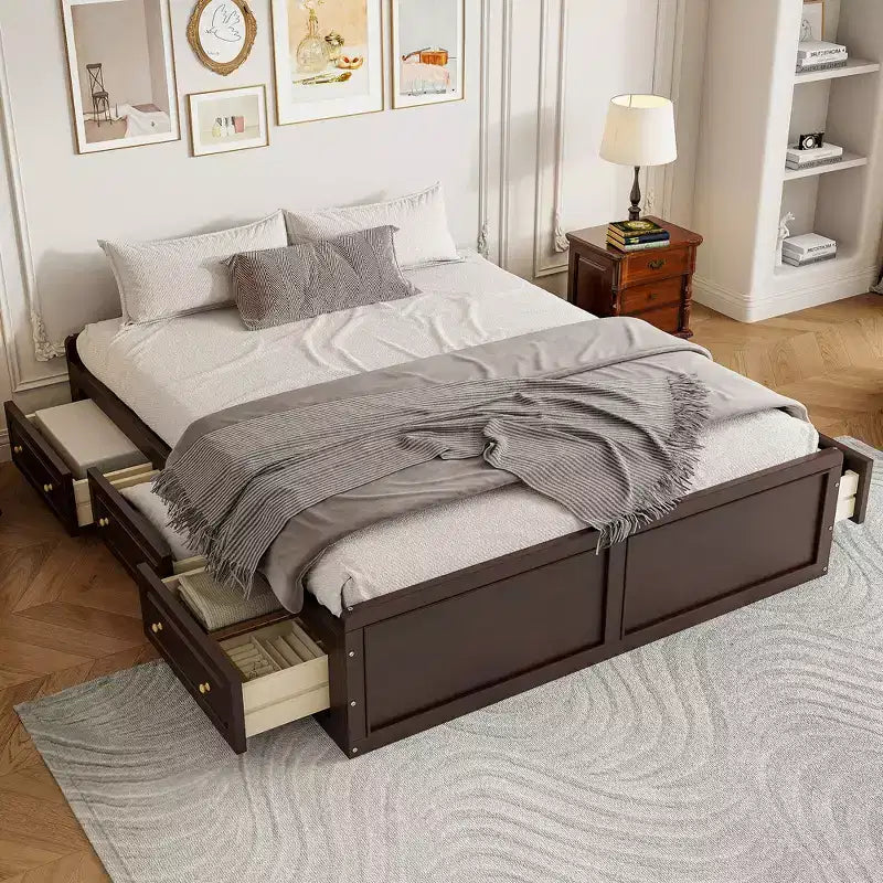 Lit plateforme en bois avec 6 tiroirs, pas de sommier tapissier requis, montage facile, couleur expresso