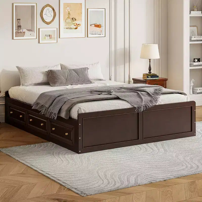 Lit plateforme en bois avec 6 tiroirs, pas de sommier tapissier requis, montage facile, couleur expresso