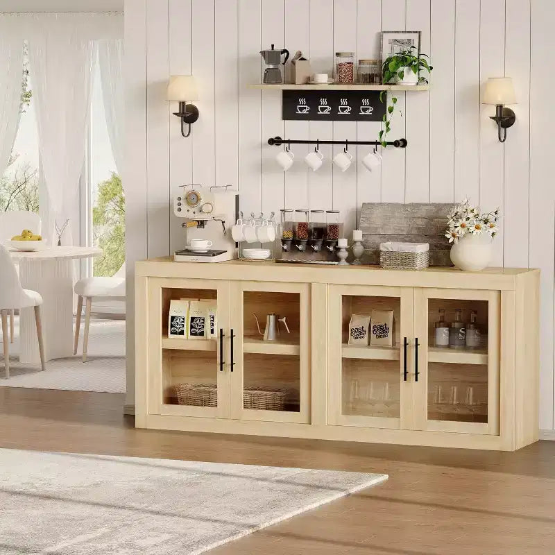 Buffet de couloir, meuble de bar à café, table console de cuisine avec 4 portes vitrées, crédence de rangement, table de buffet
