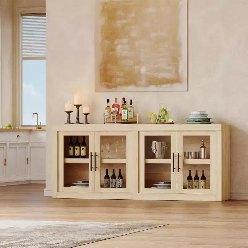 Buffet de couloir, meuble de bar à café, table console de cuisine avec 4 portes vitrées, crédence de rangement, table de buffet