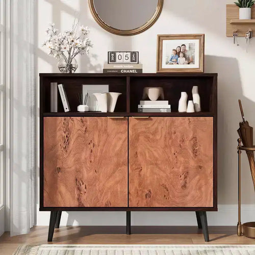 31.5 Walnut and Burl Storage Cabinet - Compact Accent Cabinet for Dining Room, Living Room or Entryway