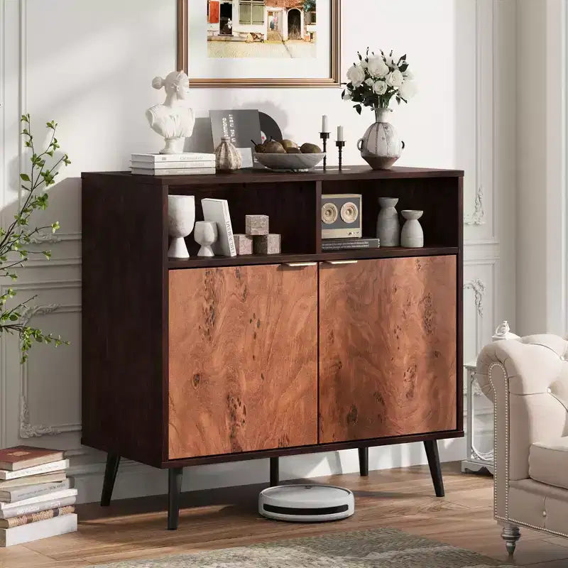 31,5 Meuble de Rangement Noyer et Loupe - Buffet d'Appoint Compact pour Salle à Manger, Salon ou Entrée