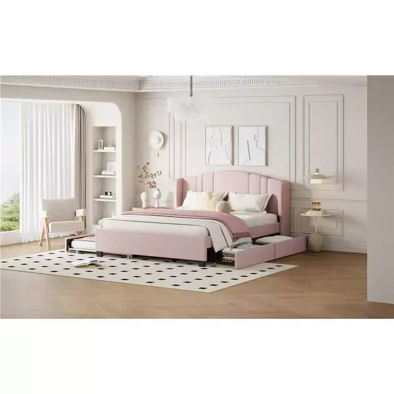 Lit plateforme rembourré avec tête de lit capitonnée, lit gigogne simple et 2 tiroirs, rose