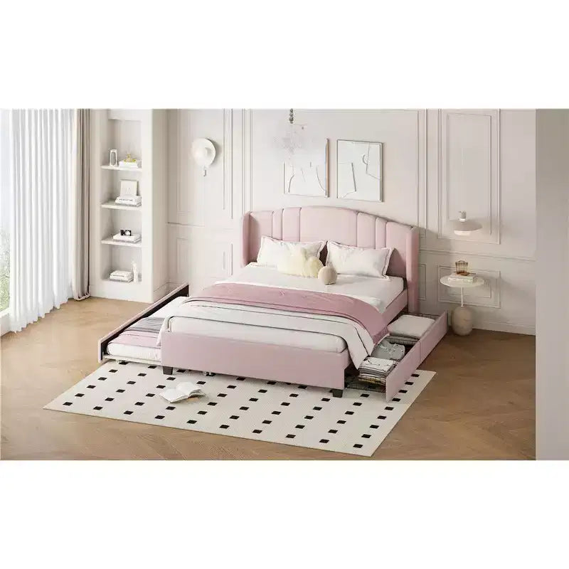 Lit plateforme rembourré avec tête de lit capitonnée, lit gigogne simple et 2 tiroirs, rose