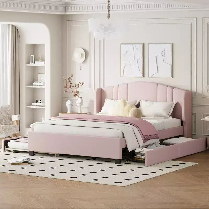 Lit plateforme rembourré avec tête de lit capitonnée, lit gigogne simple et 2 tiroirs, rose
